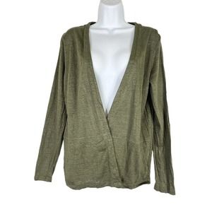J.Jill Love Linen Size Medium 100% Linen Cardigan Pockets Olive Army Green EUC